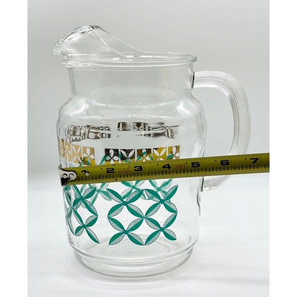 Vintage MCM Federal glass juice carafe jug pitcher gold trim teal green design - Picture 9 of 9